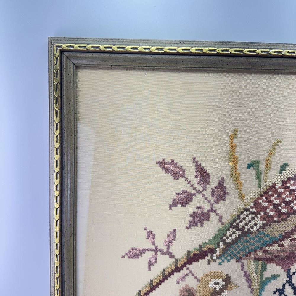 Vintage Framed Pheasant Cross Stitch Signed 1942 McCalls Pheasant Couple 24 x 20 - Picture 2 of 8